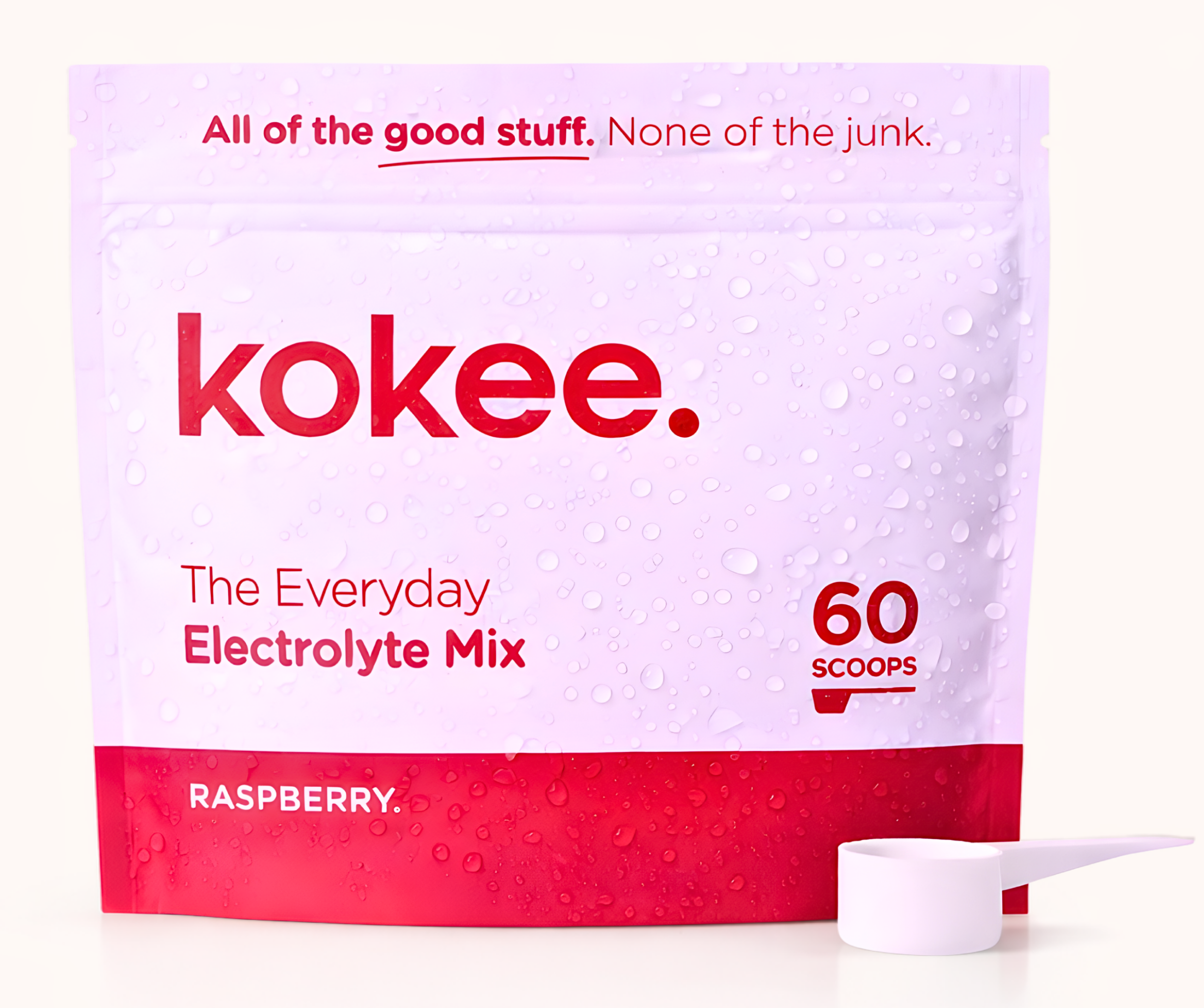 Kokee electrolyte mix package with a white scoop on a light background